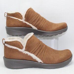 Bzees Glide Womens 9M Brown Fabric Faux Fur Trim‎ Slip On Wedge Ankle Boots